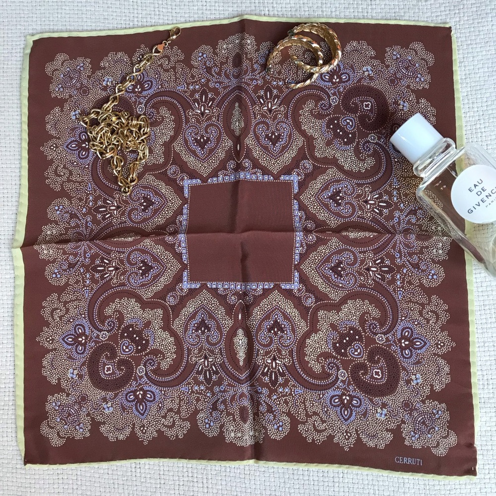 Cerruti Brown Geometric Floral Printed Silk Square Scarf - Made in Italy